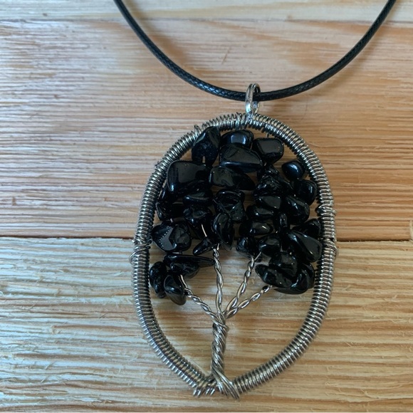 Black Obsidian Tree of Life Wire Wrapped Pendant Necklace Adjustable Cord Chain - Picture 4 of 7